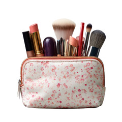 Makeup tools and brushes arranged in a floral pouch on a white background, showcasing beauty essentials for everyday use