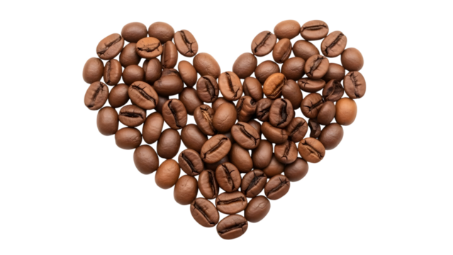Heart shape made of coffee beans isolated on transparent background