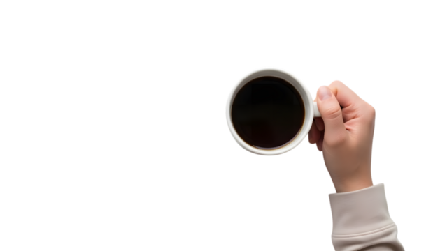 Hand holding coffee cup with dark liquid isolated on transparent background