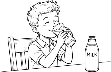 Happy cartoon boy with eyes closed enjoying a glass of milk at a table, black and white line art vector illustration, healthy eating and childhood drink outline