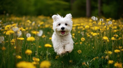 A fluffy white dog joyfully runs through a vibrant field filled with yellow flowers and dandelions under clear blue skies during springtime.