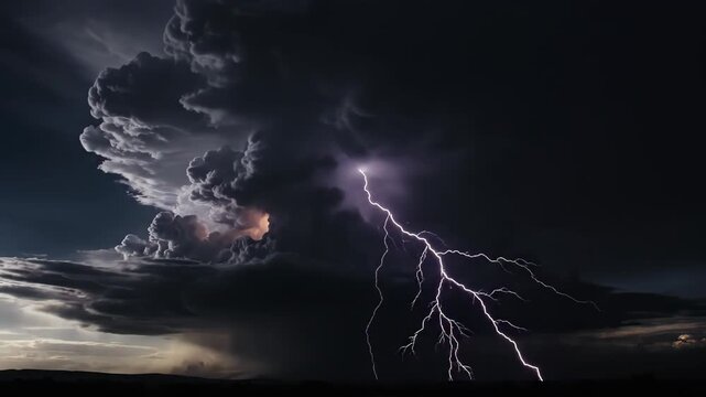 Experience the raw power of nature with this dramatic thunderstorm rolling across the dark sky at night, lightning illuminating the clouds