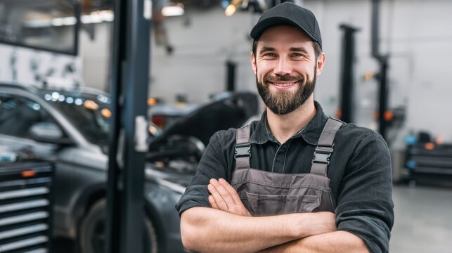 A mechanic stands in an auto repair shop smiling and crossing his arms. Behind him several cars and tools are visible in a well lit environment highlighting his expertise and confidence. - Powered by Adobe