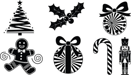 Monochrome vector art set of christmas tree gingerbread man nutcracker toy candy cane and striped ornaments with bows in flat festive silhouette style