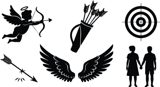 Flat silhouette vector art of cupid with bow and arrow wings quiver target and young couple holding hands symbolizing valentine love in simple black design