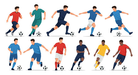 Collection of diverse male soccer players in various dynamic poses running and dribbling the ball during a football match.