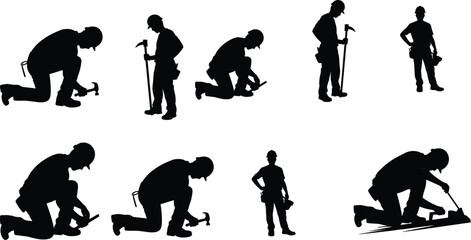 Silhouettes of construction workers using hammers, kneeling and standing, performing carpentry tasks, building, repairing, working on site, craftsmanship, labor, and trades