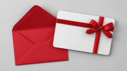 A red envelope holds a gift card that features a white design with a red ribbon. This setup is perfect for special celebrations like birthdays or holidays.