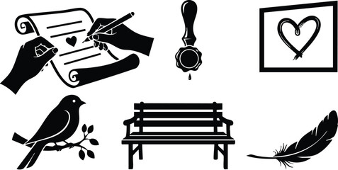 Romantic vector art set of black silhouette icons with love letter writing hands wax seal framed heart bird on branch park bench and feather pen