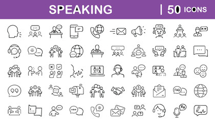 Speaking and communication line icons set including conversations, messages, presentations, discussions, customer support, teamwork, chat bubbles, calls and meetings