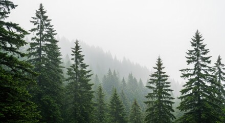 Dense evergreen forest enveloped in thick mist on a cloudy day
