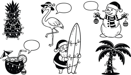Fototapeta premium Tropical christmas vector art with santa holding surfboard snowman with ornaments flamingo pineapple cocktail palm tree and empty speech bubbles in black outline style