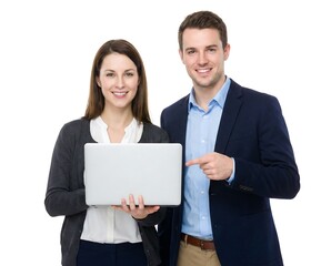Happy young business team smiling, standing with laptop, man pointing at screen on white background.