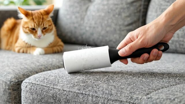 close up of a hand using a lint roller to remove pet hair from a fabric sofa while a cat rests in the background watching calmly