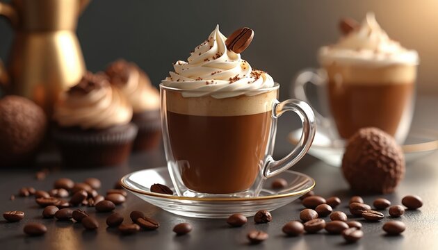 Coffee cup with whipped cream and bean. Delicious espresso served with chocolate. Latte on saucer near coffee beans. Beverage illustration perfect for advertising cafe drinks or dessert menu design.