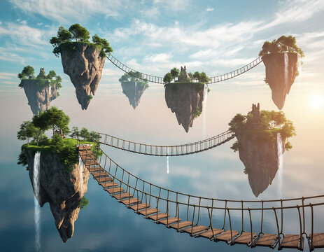 Magical floating islands connected by rope bridges in a dreamlike sky