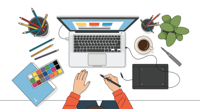 Top down illustration of a digital artist or designer working on a laptop with a graphics tablet at their tidy desk.