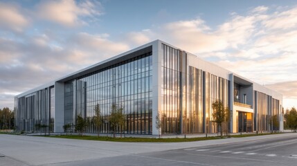 Fototapeta premium A sleek contemporary glass structure stands tall as the sun sets casting warm light on its exterior. Surrounded by greenery the scene feels calm and inviting.