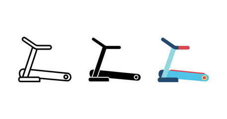 Variety of treadmill icons in black outline, solid black, and colorful styles