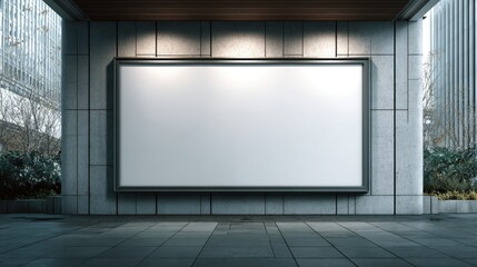 A large blank display board stands in a contemporary urban location. It is framed in dark material and sits against a backdrop of green plants and modern architecture.
