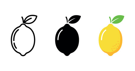 Set of lemon icons: outline, solid, and colored yellow fruit illustrations