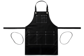 Black apron with pockets isolated on transparent background for cooking or crafting