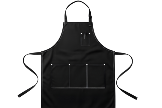 Black apron with pockets isolated on transparent background for cooking or crafting