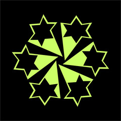 Obraz premium A luminous wheel of interlocking star-forms spirals outward, weaving geometric harmony and energetic motion into a glowing constellation of vibrant symmetry.