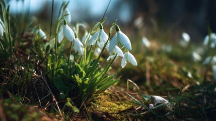 White snowdrop flowers emerge from the soft ground creating a beautiful scene in a peaceful meadow during early spring. The sunlight highlights their delicate petals.