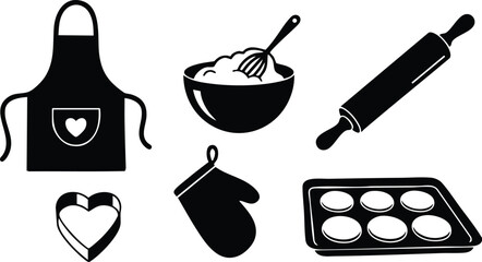 Flat vector kitchen set with black apron and heart pocket bowl with whisk rolling pin oven glove cookie cutter and muffin tray in simple silhouette style