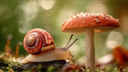 A snail moves gently over moss nearing a vibrant red mushroom. Soft light filters through trees creating a peaceful atmosphere in the forest. Nature's beauty is on display.