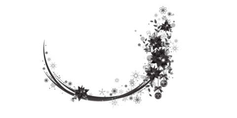 Black floral Christmas corner frame with decorative ornaments and snowflakes. Elegant monochrome holiday design accent for winter projects. Perfect for greeting cards, invitations, and festive layouts