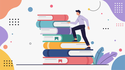 Pastel Flat Illustration of a Person Climbing Book Stairs as a Symbol of Educational Growth