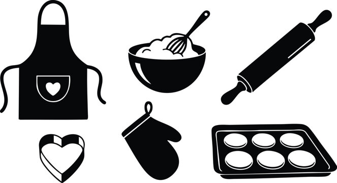 Flat vector kitchen set with black apron and heart pocket bowl with whisk rolling pin oven glove cookie cutter and muffin tray in simple silhouette style