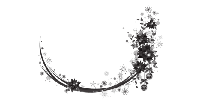 Black floral Christmas corner frame with decorative ornaments and snowflakes. Elegant monochrome holiday design accent for winter projects. Perfect for greeting cards, invitations, and festive layouts