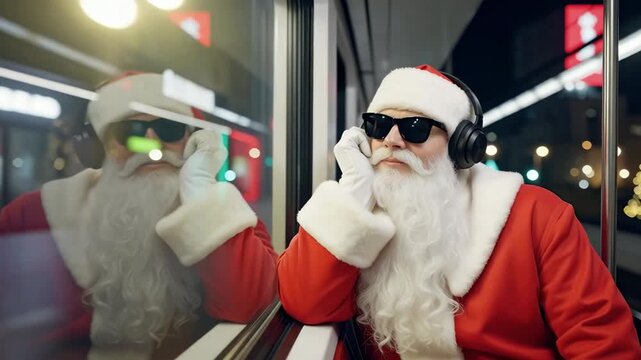Santa Claus sitting on a train at night, leaning on the window with headphones and sunglasses. City lights reflect on the glass, creating a calm and cinematic holiday mood.