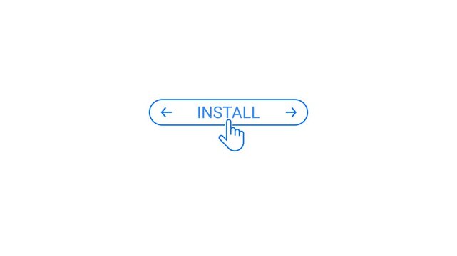 Blue line art cursor hand clicking on an oval button with the word INSTAL and arrows on a white background