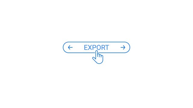 Blue line art cursor hand clicking on an oval button with the word EXPORT and arrows on a white background