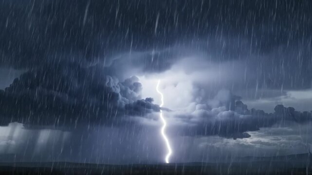 Powerful thunderstorm with lightning strikes and heavy rain creating dramatic weather atmosphere and dark moody sky background video footage
