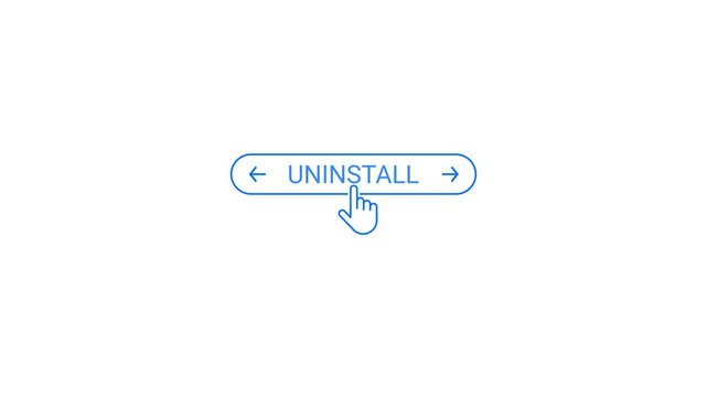 Blue line art cursor hand clicking on an oval button with the word UNINSTAL and arrows on a white background