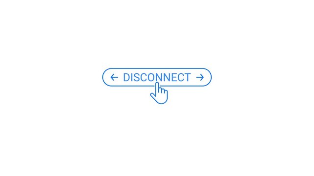 Blue line art cursor hand clicking on an oval button with the word DISCONECT and arrows on a white background