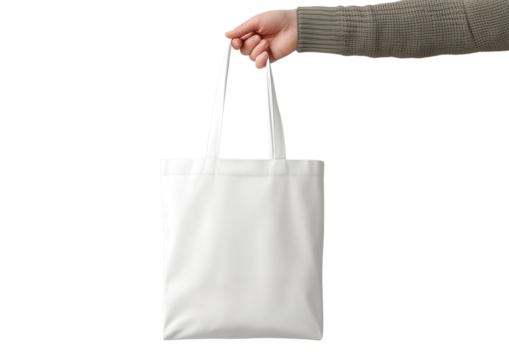 Hand Holding White Canvas Tote Bag isolated on transparent background