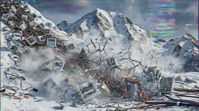 Old computer monitors and tangled cables, covered in snow and ice, littering a vast snowy mountain range with digital glitches and lightning in the sky