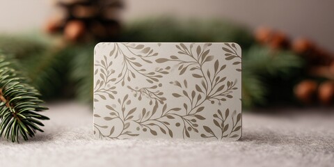A blank gift card mockup with a beautiful, hand-pressed floral pattern (subtle), resting on a clean, light gray felt surface