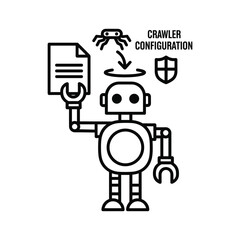 Robot configuring web crawler settings for data and security, illustrated with document, spider, and shield
