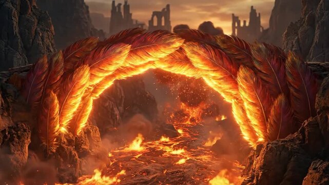 Feather arch bridge crosses a river of molten lava, with fire, smoke, and burning embers rising from the inferno in a dark hellscape under a dramatic sunset sky