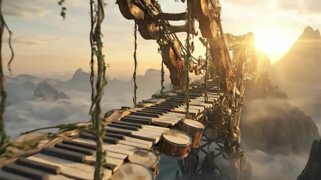 Surreal bridge of intertwined violins, guitars, piano keys and brass rising through misty mountains, overgrown with vines, creating a dreamlike musical pathway through clouds