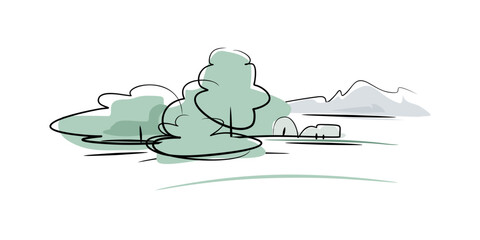Landscape color element. Eco icon drawn carelessly. Nature: trees, bushes, mountains. Horizon, eco system.