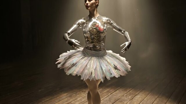Futuristic robot ballerina, with an exposed metallic and glowing core, gracefully dances on an aged wooden stage, blending art, technology, and human form