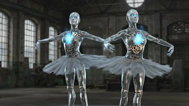 Two futuristic female robots with translucent bodies and visible gears are performing a synchronized ballet dance, embodying grace and technological elegance in an abandoned industrial building